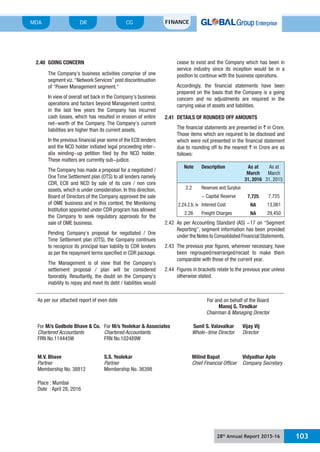 28th
Annual Report 2015-16 103
MDA FINANCECGDR
As per our attached report of even date For and on behalf of the Board
Manoj G. Tirodkar
Chairman & Managing Director
For M/s Godbole Bhave & Co.
Chartered Accountants
FRN No.114445W
For M/s Yeolekar & Associates
Chartered Accountants
FRN No.102489W
Sunil S. Valavalkar
Whole-time Director
Vijay Vij
Director
M.V. Bhave
Partner
Membership No. 38812
S.S. Yeolekar
Partner
Membership No. 36398
Milind Bapat
Chief Financial Officer
Vidyadhar Apte
Company Secretary
Place : Mumbai
Date : April 28, 2016
2.40 GOING CONCERN
The Company’s business activities comprise of one
segment viz.“Network Services”post discontinuation
of “Power Management segment.”
In view of overall set back in the Company’s business
operations and factors beyond Management control,
in the last few years the Company has incurred
cash losses, which has resulted in erosion of entire
net-worth of the Company. The Company’s current
liabilities are higher than its current assets.
In the previous financial year some of the ECB lenders
and the NCD holder initiated legal proceeding inter-
alia winding-up petition filed by the NCD holder.
These matters are currently sub-judice.
The Company has made a proposal for a negotiated /
One Time Settlement plan (OTS) to all lenders namely
CDR, ECB and NCD by sale of its core / non core
assets, which is under consideration. In this direction,
Board of Directors of the Company approved the sale
of OME business and in this context, the Monitoring
Institution appointed under CDR program has allowed
the Company to seek regulatory approvals for the
sale of OME business.
Pending Company’s proposal for negotiated / One
Time Settlement plan (OTS), the Company continues
to recognize its principal loan liability to CDR lenders
as per the repayment terms specified in CDR package.
The Management is of view that the Company’s
settlement proposal / plan will be considered
favorably. Resultantly, the doubt on the Company’s
inability to repay and meet its debt / liabilities would
cease to exist and the Company which has been in
service industry since its inception would be in a
position to continue with the business operations.
Accordingly, the financial statements have been
prepared on the basis that the Company is a going
concern and no adjustments are required in the
carrying value of assets and liabilities.
2.41 DETAILS OF ROUNDED OFF AMOUNTS
The financial statements are presented in ` in Crore.
Those items which are required to be disclosed and
which were not presented in the financial statement
due to rounding off to the nearest ` in Crore are as
follows:
Note Description As at
March
31, 2016
As at
March
31, 2015
2.2 Reserves and Surplus
- Capital Reserve 7,725 7,725
2.24.2.b. iv Interest Cost NA 13,061
2.26 Freight Charges NA 29,450
2.42 As per Accounting Standard (AS) -17 on “Segment
Reporting”, segment information has been provided
under the Notes to Consolidated Financial Statements.
2.43 The previous year figures, wherever necessary, have
been regrouped/rearranged/recast to make them
comparable with those of the current year.
2.44 Figures in brackets relate to the previous year unless
otherwise stated.
 