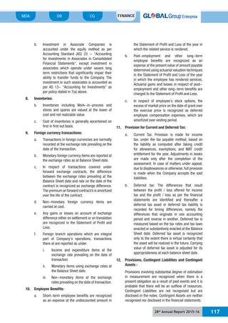 28th
Annual Report 2015-16 117
MDA FINANCECGDR
b. Investment in Associate Companies is
accounted under the equity method as per
Accounting Standard (AS) 23 - “Accounting
for Investments in Associates in Consolidated
Financial Statements”, except investment in
associates which operate under severe long
term restrictions that significantly impair their
ability to transfer funds to the Company. The
investment in such associates is accounted as
per AS 13- “Accounting for Investments” as
per policy stated in 7(a) above.
8. Inventories:
b. Inventories including Work-in-process and
stores and spares are valued at the lower of
cost and net realizable value.
c. Cost of inventories is generally ascertained on
first in first out basis.
9. Foreign currency transactions:
a. Transactions in foreign currencies are normally
recorded at the exchange rate prevailing on the
date of the transaction.
b. Monetary foreign currency items are reported at
the exchange rates as at Balance Sheet date.
c. In respect of transactions covered under
forward exchange contracts, the difference
between the exchange rates prevailing at the
Balance Sheet date and rate on the date of the
contract is recognized as exchange difference.
The premium on forward contract/s is amortized
over the life of the contract.
d. Non-monetary foreign currency items are
carried at cost.
e. Any gains or losses on account of exchange
difference either on settlement or on translation
are recognized in the Statement of Profit and
Loss.
f. Foreign branch operations which are integral
part of Company’s operations, transactions
there at are reported as under:
i. Income and expenditure items at the
exchange rate prevailing on the date of
transaction.
ii. Monetary items using exchange rates at
the Balance Sheet date.
iii. Non-monetary items at the exchange
rates prevailing on the date of transaction.
10. Employee Benefits:
a. Short-term employee benefits are recognized
as an expense at the undiscounted amount in
the Statement of Profit and Loss of the year in
which the related service is rendered.
b. Post-employment and other long-term
employee benefits are recognized as an
expense at the present value of amount payable
determined using actuarial valuation techniques
in the Statement of Profit and Loss of the year
in which the employee has rendered services.
Actuarial gains and losses in respect of post-
employment and other long-term benefits are
charged to the Statement of Profit and Loss.
c. In respect of employee’s stock options, the
excess of market price on the date of grant over
the exercise price is recognized as deferred
employee compensation expenses, which are
amortized over vesting period.
11. Provision for Current and Deferred Tax:
a. Current Tax: Provision is made for income
tax, under the tax payable method, based on
the liability as computed after taking credit
for allowances, exemptions, and MAT credit
entitlement for the year. Adjustments in books
are made only after the completion of the
assessment. In case of matters under appeal,
due to disallowances or otherwise, full provision
is made when the Company accepts the said
liabilities.
b. Deferred tax: The differences that result
between the profit / loss offered for income
tax and the profit / loss as per the financial
statements are identified and thereafter a
deferred tax asset or deferred tax liability is
recorded for timing differences, namely the
differences that originate in one accounting
period and reverse in another. Deferred tax is
measured based on the tax rates and tax laws
enacted or substantively enacted at the Balance
Sheet date. Deferred tax asset is recognized
only to the extent there is virtual certainty that
the asset will be realized in the future. Carrying
value of deferred tax asset is adjusted for its
appropriateness at each balance sheet date.
12. Provisions, Contingent Liabilities and Contingent
Assets :
Provisions involving substantial degree of estimation
in measurement are recognized when there is a
present obligation as a result of past events and it is
probable that there will be an outflow of resources.
Contingent Liabilities are not recognised but are
disclosed in the notes. Contingent Assets are neither
recognised nor disclosed in the financial statements.
 