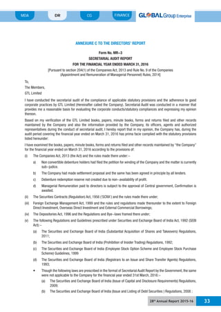 28th
Annual Report 2015-16 33
MDA FINANCECGDR
ANNEXURE C TO THE DIRECTORS’ REPORT
Form No. MR-3
SECRETARIAL AUDIT REPORT
FOR THE FINANCIAL YEAR ENDED MARCH 31, 2016
[Pursuant to section 204(1) of the Companies Act, 2013 and Rule No. 9 of the Companies
(Appointment and Remuneration of Managerial Personnel) Rules, 2014]
To,
The Members,
GTL Limited
I have conducted the secretarial audit of the compliance of applicable statutory provisions and the adherence to good
corporate practices by GTL Limited (Hereinafter called the Company). Secretarial Audit was conducted in a manner that
provides me a reasonable basis for evaluating the corporate conducts/statutory compliances and expressing my opinion
thereon.
representatives during the conduct of secretarial audit, I hereby report that in my opinion, the Company has, during the
audit period covering the financial year ended on March 31, 2016 has prima facie complied with the statutory provisions
listed hereunder:
for the financial year ended on March 31, 2016 according to the provisions of:
(i) The Companies Act, 2013 (the Act) and the rules made there under:-
a) Non convertible debenture holders had filed the petition for winding of the Company and the matter is currently
b) The Company had made settlement proposal and the same has been agreed in principle by all lenders.
c) Debenture redemption reserve not created due to non-availability of profit.
awaited.
(iii) Foreign Exchange Management Act, 1999 and the rules and regulations made thereunder to the extent to Foreign
(v) The following Regulations and Guidelines prescribed under Securities and Exchange Board of India Act, 1992 (SEBI
Act):-
Scheme) Guidelines, 1999
(d) The Securities and Exchange Board of India (Registrars to an Issue and Share Transfer Agents) Regulations,
were not applicable to the Company for the financial year ended 31st March, 2016:-
(a) The Securities and Exchange Board of India (Issue of Capital and Disclosure Requirements) Regulations,
 