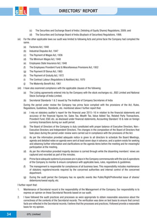 GTL Limited34
DIRECTORS’ REPORT
(vi) For the other applicable laws our audit was limited to following Acts and prima facie the Company had complied the
same.
(a) Factories Act, 1948
(b) Industrial Disputes Act, 1947
(e) Employees State Insurance Act, 1948
(h) The Payment of Gratuity Act, 1972
(vii) I have also examined compliance with the applicable clauses of the following:
During the period under review the Company has prima facie complied with the provisions of the Act, Rules,
Regulations, Guidelines, Standards, etc. mentioned above I further report that:
currency transactions during our audit period.
(b) The Board of Directors of the Company is duly constituted with proper balance of Executive Directors, Non-
Executive Directors and Independent Directors. The changes in the composition of the Board of Directors that
(c) As per the information provided adequate notice is given to all directors to schedule the Board Meetings,
and obtaining further information and clarifications on the agenda items before the meeting and for meaningful
participation at the meeting.
captured and recorded as part of the minutes.
(f) The management is responsible for compliances of all business laws. This responsibility includes maintenance
of statutory registers/records required by the concerned authorities and internal control of the concerned
department.
debentures/sweat equity, etc.
I further report that:
express an opinion on these Secretarial Records based on our audit.
2. I have followed the audit practices and processes as were appropriate to obtain reasonable assurance about the
correctness of the contents of the Secretarial records. The verification was done on test basis to ensure that correct
facts are reflected in the Secretarial records.I believe that the processes and practices,I followed provide a reasonable
basis for my opinion.
 