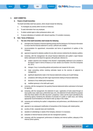 28th
Annual Report 2015-16 47
MDA FINANCECGDR
3. AUDIT COMMITTEE:
A. Powers of Audit Committee:
The Audit Committee shall have powers, which should include the following:
a. To investigate any activity within its terms of reference;
b. To seek information from any employee;
c. To obtain outside legal or other professional advice; and
d. To secure attendance of outsiders with relevant expertise, if it considers necessary.
B. Role / Terms of Reference:
I. The role of the Audit Committee shall include the following:
(i) oversight of the Company’s financial reporting process and the disclosure of its financial information
to ensure that the financial statement is correct, sufficient and credible;
(ii) recommendation for appointment, remuneration and terms of appointment of auditors of the
Company;
(iii) approval of payment to statutory auditors for any other services rendered by the statutory auditors;
(iv) reviewing, with the management, the annual financial statements and auditor’s report thereon
before submission to the Board for approval, with particular reference to:
(a) matters required to be included in the Director’s responsibility statement to be included in
the Board’s report in terms of Clause (c) of sub-section (3) of Section 134 of the Companies
Act, 2013;
(b) changes, if any, in accounting policies and practices and reasons for the same;
(c) major accounting entries involving estimates based on the exercise of judgment by
management;
(d) significant adjustments made in the financial statements arising out of audit findings;
(e) compliance with listing and other legal requirements relating to financial statements;
(f) disclosure of any related party transactions;
(g) modified opinion(s) in the draft audit report;
(v) reviewing, with the management, the quarterly financial statements before submission to the board
for approval;
(vi) reviewing, with the management, the statement of uses / application of funds raised through an
issue (public issue, rights issue, preferential issue, etc.), the statement of funds utilized for purposes
other than those stated in the offer document / prospectus / notice and the report submitted by the
monitoring agency monitoring the utilization of proceeds of a public or rights issue, and making
appropriate recommendations to the board to take up steps in this matter;
(vii) reviewing and monitoring the auditor’s independence and performance, and effectiveness of audit
process;
(viii) approval or any subsequent modification of transactions of the Company with related parties;
(ix) scrutiny of inter-corporate loans and investments;
(x) valuation of undertakings or assets of the Company, wherever it is necessary;
(xi) evaluation of internal financial controls and risk management systems;
(xii) reviewing, with the management, performance of statutory and internal auditors, adequacy of the
internal control systems;
 