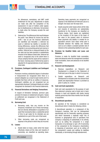 GTL Limited76
STANDALONE ACCOUNTS
for allowances, exemptions, and MAT credit
entitlement for the year. Adjustments in books
are made only after the completion of the
assessment. In case of matters under appeal,
due to disallowances or otherwise, full provision
is made when the Company accepts the said
liabilities.
b. Deferred tax:The differences that result between
the profit / loss offered for income tax and the
profit / loss as per the financial statements
are identified and thereafter a deferred tax
asset or deferred tax liability is recorded for
timing differences, namely the differences that
originate in one accounting period and reverse in
another. Deferred tax is measured based on the
tax rates and tax laws enacted or substantively
enacted at the Balance Sheet date. Deferred tax
asset is recognized only to the extent there is
virtual certainty that the asset will be realized in
the future. Carrying value of deferred tax asset is
adjusted for its appropriateness at each balance
sheet date.
12. Provisions, Contingent Liabilities and Contingent
Assets:
Provisions involving substantial degree of estimation
in measurement are recognized when there is a
present obligation as a result of past events and it is
probable that there will be an outflow of resources.
Contingent Liabilities are not recognised but are
appropriately disclosed.ContingentAssets are neither
recognised nor disclosed in the financial statements.
13. Financial Derivatives and Hedging Transactions:
In respect of Derivative Contracts, premium paid,
provision for losses on restatement and gains / losses
on settlement are recognised in the Statement of
Profit and Loss.
14. Borrowing Cost:
a. Borrowing costs, less any income on the
temporary investment out of those borrowings,
that are directly attributable to acquisition of an
asset that necessarily takes a substantial period
of time to get ready for its intended use are
capitalized as a part of the cost of that asset.
b. Other borrowing costs are recognized as
expense in the period in which they are incurred.
15. Leases:
a. Assets taken on lease, under which the lessor
effectively retains all the risks and rewards of
ownership, are classified as operating lease.
Operating lease payments are recognized as
expense in the Statement of Profit and Loss on a
straight-line basis over the lease term.
b. Assets acquired under leases where all the risks
and rewards of ownership are substantially
transferred to the Company are classified as
Finance leases. Such leases are capitalized
at the inception of the lease at the lower of
fair value or the present value of minimum
lease payments and liability is created for an
equivalent amount. Each lease rental paid is
allocated between the liability and interest
cost so as to obtain a constant periodic rate of
interest on the outstanding liability for each year.
16. Provision for Doubtful Debts and Loans and
Advances:
Provision is made for doubtful trade receivables,
loans and advances when the management considers
trade receivables, loans and advances to be doubtful
of recovery.
17. Research and Development:
a. Revenue expenditure on Research and
Development is charged to the Statement of
Profit and Loss in the year in which it is incurred.
b. Capital expenditure on Research and
Development is included under the relevant fixed
assets and depreciation thereon is provided as
given in policy no. 5 above
18. Cash and Cash equivalents :
Cash and cash equivalents for the purpose of cash
flow statement comprise cash at bank and in hand,
cheques in hand and deposits with banks having
maturity period less than three months from the date
of acquisition.
19. Discontinued operations:
An operation of the Company is considered as
discontinued when it meets the following criteria:
A discontinued operation is a component of the
Company’s business, that can be distinguished
operationally and for financially reporting purposes
and which represents a separate major line of
business or geographical area of operations that
company is disposing of substantially in its entirety,
such as by selling the component in a single
transaction or by demerger or spin-off of ownership
of the component to the Company’s shareholders
or disposing of piecemeal, such as by selling off
the component’s assets and settling its liabilities
individually; or terminating through abandonment.
 