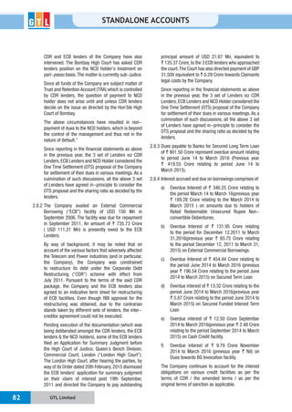 GTL Limited82
STANDALONE ACCOUNTS
CDR and ECB lenders of the Company have also
intervened. The Bombay High Court has asked CDR
lenders position on the NCD holder’s treatment on
pari-passu basis.The matter is currently sub-judice.
Since all funds of the Company are subject matter of
Trust and Retention Account (TRA) which is controlled
by CDR lenders, the question of payment to NCD
holder does not arise until and unless CDR lenders
decide on the issue as directed by the Hon’ble High
Court of Bombay.
The above circumstances have resulted in non-
payment of dues to the NCD holders, which is beyond
the control of the management and thus not in the
nature of default.”
Since reporting in the financial statements as above
in the previous year, the 3 set of Lenders viz CDR
Lenders,ECB Lenders and NCD Holder considered the
One Time Settlement (OTS) proposal of the Company
for settlement of their dues in various meetings. As a
culmination of such discussions, all the above 3 set
of Lenders have agreed in-principle to consider the
OTS proposal and the sharing ratio as decided by the
lenders.
2.8.2 The Company availed an External Commercial
Borrowing (“ECB”) facility of USD 150 Mn in
September 2006. The facility was due for repayment
in September 2011. An amount of ` 735.73 Crore
( USD 111.21 Mn) is presently owed to the ECB
Lenders.
By way of background, it may be noted that on
account of the various factors that adversely affected
the Telecom and Power industries (and in particular,
the Company), the Company was constrained
to restructure its debt under the Corporate Debt
Restructuring (“CDR”) scheme with effect from
July 2011. Pursuant to the terms of the said CDR
package, the Company and the ECB lenders also
agreed to an indicative term sheet for restructuring
of ECB facilities. Even though RBI approval for the
restructuring was obtained, due to the contrarian
stands taken by different sets of lenders, the inter-
creditor agreement could not be executed.
Pending execution of the documentation (which was
being deliberated amongst the CDR lenders, the ECB
lenders & the NCD holders), some of the ECB lenders
filed an Application for Summary Judgment before
the High Court of Justice, Queen’s Bench Division,
Commercial Court, London (“London High Court”).
The London High Court, after hearing the parties, by
way of its Order dated 20th February, 2015 dismissed
the ECB lenders’ application for summary judgment
on their claim of interest post 19th September,
2011 and directed the Company to pay outstanding
principal amount of USD 21.67 Mn, equivalent to
` 135.37 Crore,to the 3 ECB lenders who approached
the court.The Court has also directed payment of GBP
31,500 equivalent to ` 0.29 Crore towards Claimants
legal costs by the Company.
Since reporting in the financial statements as above
in the previous year, the 3 set of Lenders viz CDR
Lenders,ECB Lenders and NCD Holder considered the
One Time Settlement (OTS) proposal of the Company
for settlement of their dues in various meetings. As a
culmination of such discussions, all the above 3 set
of Lenders have agreed in-principle to consider the
OTS proposal and the sharing ratio as decided by the
lenders.
2.8.3 Dues payable to Banks for Secured Long Term Loan
of ` 901.50 Crore represent overdue amount relating
to period June 14 to March 2016 (Previous year
` 419.55 Crore relating to period June 14 to
March 2015).
2.8.4 Interest accrued and due on borrowings comprises of:
a) Overdue Interest of ` 346.25 Crore relating to
the period March 14 to March 16(previous year
` 189.28 Crore relating to the March 2014 to
March 2015 ) on amounts due to holders of
Rated Redeemable Unsecured Rupee Non-
convertible Debentures;
b) Overdue Interest of ` 131.95 Crore relating
to the period for December 12,2011 to March
31,2016(previous year ` 93.75 Crore relating
to the period December 12, 2011 to March 31,
2015) on External Commercial Borrowings.
c) Overdue Interest of ` 454.44 Crore relating to
the period June 2014 to March 2016 (previous
year ` 196.54 Crore relating to the period June
2014 to March 2015) on Secured Term Loan
d) Overdue interest of ` 13.32 Crore relating to the
period June 2014 to March 2016(previous year
` 5.87 Crore relating to the period June 2014 to
March 2015) on Secured Funded Interest Term
Loan
e) Overdue interest of ` 12.50 Crore September
2014 to March 2016(previous year ` 2.48 Crore
relating to the period September 2014 to March
2015) on Cash Credit facility.
f) Overdue interest of ` 9.79 Crore November
2014 to March 2016 (previous year ` Nil) on
Dues towards BG Invocation facility.
The Company continues to account for the interest
obligations on various credit facilities as per the
terms of CDR / the amended terms / as per the
original terms of sanction as applicable.
 