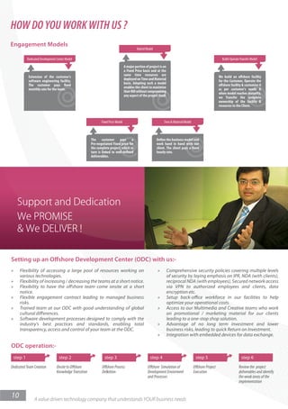 HOW DO YOU WORK WITH US ?
Engagement Models
                                                                                               Hybrid Model

             Dedicated Development Center Model                                                                                                                 Build-Operate Transfer Model
                                                                                     A major portion of project is on
                                                                                     a Fixed Price basis and at the
                                                                                     same time resources are                                                  We build an o shore facility
              Extension of the customer's
                                                                                     deployed on Time and Material                                            for the Customer, Operate the
              software engineering facility.
                                                                                     basis. Adopting such a model                                             o shore facility & customize it
              The customer pays xed
                                                                                     enables the client to maximize                                           as per customer's needs &
              monthly rate for the team.
                                                                                     their ROI without compromising                                           when model reaches maturity,
                                                                                     any aspect of the project itself.                                        we Transfer the complete
                                                                                                                                                              ownership of the facility &
                                                                                                                                                              resources to the Client.



                                                                 Fixed Price Model                                  Time & Material Model



                                                          The customer pays a                                 De ne the business model and
                                                          Pre-negotiated Fixed price for                      work hand in hand with our
                                                          the complete project, which in                      client. The client pays a xed
                                                          turn is linked to well-defined                      hourly rate.
                                                          deliverables.




Setting up an Offshore Development Center (ODC) with us:-
»      Flexibility of accessing a large pool of resources working on                                           »     Comprehensive security policies covering multiple levels
       various technologies.                                                                                         of security by laying emphasis on IPR, NDA (with clients),
»      Flexibility of increasing / decreasing the teams at a short notice.                                           reciprocal NDA (with employees), Secured network access
»      Flexibility to have the o shore team come onsite at a short                                                   via VPN to authorized employees and clients, data
       notice.                                                                                                       encryption etc.
»      Flexible engagement contract leading to managed business                                                »     Setup back-office workforce in our facilities to help
       risks.                                                                                                        optimize your operational costs.
»      Trained team at our ODC with good understanding of global                                               »     Access to our Multimedia and Creative teams who work
       cultural di erences.                                                                                          on promotional / marketing material for our clients
»      Software development processes designed to comply with the                                                    leading to a one-stop shop solution.
       industry's best practices and standards, enabling total                                                 »     Advantage of no long term investment and lower
       transparency, access and control of your team at the ODC.                                                     business risks, leading to quick Return on Investment.
                                                                                                               »     Integration with embedded devices for data exchange.

ODC operation:-
    step 1                           step 2                        step 3                                step 4                              step 5                            step 6
Dedicated Team Creation            Onsite to O shore             O shore Process                       O shore Simulation of                O shore Project                  Review the project
                                   Knowledge Transition          De nition                             Development Enviorment               Execution                        deliverables and identify
                                                                                                       and Processes                                                         the weak areas of the
                                                                                                                                                                             implementation


10                A value driven technology company that understands YOUR business needs
 