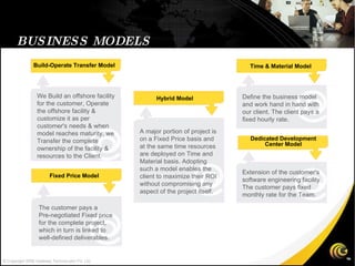 BUSINESS MODELS Dedicated Development Center Model We Build an offshore facility for the customer, Operate the offshore facility & customize it as per customer's needs & when model reaches maturity, we Transfer the complete ownership of the facility & resources to the Client. Extension of the customer's  software engineering facility.  The customer pays fixed monthly rate for the Team. Hybrid Model A major portion of project is on a Fixed Price basis and at the same time resources are deployed on Time and Material basis. Adopting such a model enables the client to maximize their ROI without compromising any aspect of the project itself. Build-Operate Transfer Model Fixed Price Model The customer pays a  Pre-negotiated Fixed price for the complete project, which in turn is linked to well-defined deliverables. Time & Material Model Define the business model and work hand in hand with our client. The client pays a fixed hourly rate. © Copyright 2008 Gateway TechnoLabs Pvt. Ltd. 