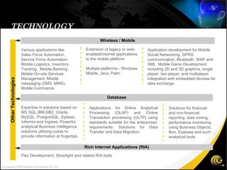 TECHNOLOGY Database Rich Internet Applications (RIA)‏ Wireless / Mobile Flex Development, Silverlight and related RIA tools Various applications like Sales Force Automation, Service Force Automation, Mobile Logistics, Inventory Tracking,  Mobile Banking, Mobile On-site Services Management, Mobile messaging (SMS, MMS), Mobile Commerce. Extension of legacy or web-enabled/Internet applications to the mobile platform  Multiple platforms - Windows Mobile, Java, Palm.  Application development for Mobile Social Networking, GPRS communication, Bluetooth, WAP and XML. Mobile Game Development including 2D and 3D graphics, single player, two player, and multiplayer  Integration with embedded devices for data exchange . Expertise in solutions based on MS SQL,IBM,DB2, Oracle, MySQL, PostgreSQL, Sybase, Informix and Ingress. Powerful analytical Business Intelligence solutions utilizing cubes to provide information at fingertips. Applications for Online Analytical Processing (OLAP) and Online Transaction processing (OLTP) using standards suitable for the enterprises’ requirements. Solutions for Data Transfer and Data Migration. Solutions for financial and non-financial reporting, data mining, performance monitoring using Business Objects, Brio, Essbase and such analytical tools. Other Technologies © Copyright 2008 Gateway TechnoLabs Pvt. Ltd. 