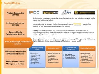 Service Offerings



  Product Engineering
       Services
                                  An integrated new age cross media comprehensive service and solutions provider to the
                                  media and publishing industry.
  Software Engineering
        Services                  Industry leading Structured Traffic Management Solution                 successfully
                                  running at 200 publishers and media houses globally

                                  GNM is one of the pioneers and considered to be one of the market leaders in
   Game & Mobile                  supporting outsourcing ventures of small – medium – large scale production of critical
 Development Services             creative development operations

                                  Catering to services across all functions within the industry : Management, Publication,
Print, Publishing & Multimedia    Rights, Editorial, Design Studio, Sales and Marketing, E-Media and IT
            Services
                                 Product Packaging     Publication Media          Corporate Brand     Multimedia Creations
                                      Media                                        Management
Independent Verification
  & Validation Services      • Concept &             • Advert-Magazine &     •   Web Media            • GUI Designing
                               Implementing            Newspaper             •   Brochure Design      • Graphic designing
                               Design                • Page Layout-          •   Campaign Design        and editing
                             • Final Artwork           Newspaper             •   Corporate Identity   • Flash Based Web
                               Creation              • Full Magazine &                                  Templates
                             • Pre-press/              Book                                           • 2d/3D Animations
  Remote Infrastructure        Lithography           • Image Processing                               • MM authoring
  Management Services        • Line Extensions
 