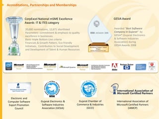 Accreditations, Partnerships and Memberships


            CorpExcel National mSME Excellence                                   GESIA Award
            Awards IT & ITES category

             20,000 nominations, 12,671 shortlisted                              Awarded "Best Software
             Parameters- commitment & emphasis to quality                        Company in Gujarat“ by
             excellence in businesses.                                           GESIA* (Gujarat Electronics
             Basis -triple Bottom Line criteria                                  & Software Industries
             Financials & Growth Pattern, Eco-friendly                           Association) during
             Initiatives, Contribution to Social Development                     GESIA Awards 2008
             and Development of Talent & Human Resources




   Electronic and
Computer Software         Gujarat Electronics &           Gujarat Chamber of       International Association of
 Export Promotion          Software Industries           Commerce & Industries     Microsoft Certified Partners
      Council              Association (GESIA)                  (GCCI)                       (IAMCP)
 
