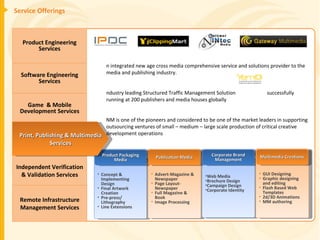 Service Offerings Product Engineering Services Software Engineering Services Game  & Mobile Development Services Remote Infrastructure Management Services Independent Verification & Validation Services Print, Publishing & Multimedia Services An integrated new age cross media comprehensive service and solutions provider to the media and publishing industry. Industry leading Structured Traffic Management Solution  successfully running at 200 publishers and media houses globally GNM is one of the pioneers and considered to be one of the market leaders in supporting outsourcing ventures of small – medium – large scale production of critical creative development operations Catering to  services across all functions within the industry : Management, Publication, Rights, Editorial, Design Studio, Sales and Marketing, E-Media and IT Concept & Implementing Design Final Artwork Creation Pre-press/ Lithography Line Extensions Advert-Magazine & Newspaper Page Layout-Newspaper Full Magazine & Book Image Processing Web Media Brochure Design Campaign Design Corporate Identity Product Packaging Media Publication Media Corporate Brand Management GUI Designing Graphic designing and editing Flash Based Web Templates 2d/3D Animations MM authoring Multimedia Creations 