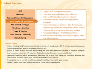 Industry Experience Success Stories Helped a leading Food Processing client implementing a web based custom ERP to improve coordination across functional department resulting in reduced operating costs. Helped a Mobile Storage provider implementing the state-of-the-art logistics solution to automate complete business process resulting in 60% reduction of operation cost and improved customer satisfaction Developed Integrated Retail Management Application for a retail chain owner to streamline tendering and procurement, inventory control, sales & distribution and Accounting process Developed an end-to-end B2C portal for a retail outlet resulting in increased repeat business Helped a leading retail music outlet implementing a Kiosk based POS application Supply Chain Management Solutions Enterprise Inventory Management solutions Sales and Marketing management solutions RFID compliant and Integration with payment gateways Business Intelligence solutions - Data Warehousing, Data Mining, Dashboards and Business Impact analysis, Planning , Forecasting and performance analysis. Integration of Legacy ERP and Retail systems. GIS solutions for tracking and routing using GPS, GPRS and 3G technology BFSI Healthcare Telecom / Network Infrastructure Education/ e-Learning Real Estate & Mortgage Travel & Tourism Manufacturing Social Media & Community Retail, Logistics & Distribution 