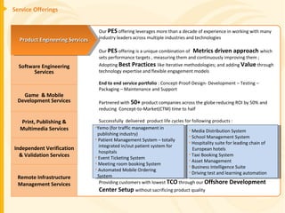 Service Offerings Software Engineering Services Game  & Mobile Development Services Print, Publishing & Multimedia Services Remote Infrastructure Management Services Independent Verification & Validation Services Product Engineering Services Our  PES  offering leverages more than a decade of experience in working with many industry leaders across multiple industries and technologies Our  PES  offering is a unique combination of   Metrics driven approach  which sets performance targets , measuring them and continuously improving them ; Adopting  Best Practices  like Iterative methodologies; and adding  Value  through technology expertise and flexible engagement models End to end service portfolio  : Concept-Proof-Design- Development – Testing – Packaging – Maintenance and Support Partnered with  50+  product companies across the globe reducing ROI by 50% and reducing  Concept-to-Market(CTM) time to half Successfully  delivered  product life cycles for following products : Providing customers with lowest  TCO  through our  Offshore Development Center Setup  without sacrificing product quality Media Distribution System  School Management System  Hospitality suite for leading chain of  European hotels Taxi Booking System Asset Management Business Intelligence Suite Driving test and learning automation Yemo (for traffic management in  publishing industry)  Patient Management System – totally  integrated in/out patient system for  hospitals Event Ticketing System  Meeting room booking System Automated Mobile Ordering  System  
