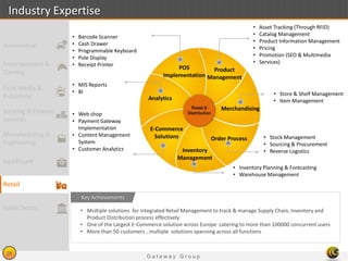 G a t e w a y G r o u p
28
Industry Expertise
POS
Implementation
Product
Management
Merchandising
Order Process
Inventory
Management
E-Commerce
Solutions
Analytics
• Asset Tracking (Through RFID)
• Catalog Management
• Product Information Management
• Pricing
• Promotion (SEO & Multimedia
• Services)
• Store & Shelf Management
• Item Management
• Stock Management
• Sourcing & Procurement
• Reverse Logistics
• Barcode Scanner
• Cash Drawer
• Programmable Keyboard
• Pole Display
• Receipt Printer
• MIS Reports
• BI
• Web shop
• Payment Gateway
Implementation
• Content Management
System
• Customer Analytics
• Inventory Planning & Forecasting
• Warehouse Management
• Multiple solutions for Integrated Retail Management to track & manage Supply Chain, Inventory and
Product Distribution process effectively
• One of the Largest E-Commerce solution across Europe catering to more than 100000 concurrent users
• More than 50 customers , multiple solutions spanning across all functions
Key Achievements
Entertainment &
Gaming
Print Media &
Publishing
Banking & Finance
Services
Manufacturing &
Engineering
Healthcare
Retail
Public Sector
Automotive
 