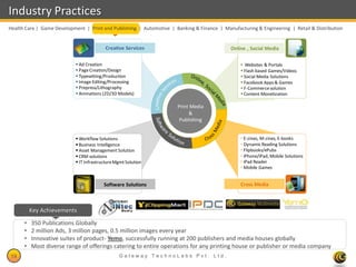 Industry Practices
Health Care | Game Development | Print and Publishing | Automotive | Banking & Finance | Manufacturing & Engineering | Retail & Distribution


                                          Creative Services                                  Online , Social Media

                             Ad Creation                                                         Websites & Portals
                             Page Creation/Design                                                Flash based Games/Videos
                             Typesetting/Production                                              Social Media Solutions
                             Image Editing/Processing                                            Facebook Apps & Games
                             Prepress/Lithography                                                F-Commerce solution
                             Animations (2D/3D Models)                                           Content Monetization

                                                                      Print Media
                                                                           &
                                                                       Publishing


                             Workflow Solutions                                                  E-zines, M-zines, E-books
                             Business Intelligence                                               Dynamic Reading Solutions
                             Asset Management Solution                                           Flipbooks/ePubs
                             CRM solutions                                                       iPhone/iPad, Mobile Solutions
                             IT Infrastructure Mgmt Solution                                     iPad Reader
                                                                                                  Mobile Games


                                          Software Solutions                                     Cross Media



          Key Achievements
      •   350 Publications Globally
      •   2 million Ads, 3 million pages, 0.5 million images every year
      •   Innovative suites of product- Yemo, successfully running at 200 publishers and media houses globally
      •   Most diverse range of offerings catering to entire operations for any printing house or publisher or media company
19                                               Gateway TechnoLabs Pvt. Ltd.                                                 Gateway Technolabs
 