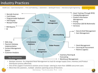 Industry Practices
 Health Care | Game Development | Print and Publishing | Automotive | Banking & Finance | Manufacturing & Engineering | Retail & Distribution


                                                                                                          • Asset Tracking (Through RFID)
      •   Barcode Scanner
                                                                                                          • Catalog Management
      •   Cash Drawer
                                                                                                          • Product Information
      •   Programmable Keyboard
                                                   POS                                                      Management
      •   Pole Display                                                  Product
                                              Implementation                                              • Pricing
      •   Receipt Printer                                             Management                          • Promotion (SEO & Multimedia
                                                                                                          • Services)
      • MIS Reports
      • BI
                                    Analytics                                                                 • Store & Shelf Management
                                                                                                              • Item Management
                                                                              Merchandising



  • Web shop                          E-Commerce
  • Payment Gateway                     Solutions
    Implementation                                                      Order Process                         • Stock Management
  • Content Management                                                                                        • Sourcing & Procurement
    System                                            Inventory                                               • Reverse Logistics
  • Customer Analytics                               Management
                                                                               • Inventory Planning &
            Key Achievements                                                      Forecasting
                                                                               • Warehouse Management
          • Multiple solutions for Integrated Retail Management to track & manage Supply Chain, Inventory and Product
             Distribution process effectively
          • One of the Largest E-Commerce solution across Europe catering to more than 100000 concurrent users
          • More than 50 customers , multiple solutions spanning across all functions
 23                                             Gateway TechnoLabs Pvt. Ltd.                                               Gateway Technolabs
 