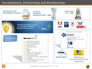 Accreditations, Partnerships and Memberships

GESIA Award 2008 –        CorpExcel                         GESIA Award
Best Software Company     Excellence                         2011 - CSR
                          Awards IT & ITES - 2010




                                                    By Nov 2012…        SE 2A Rating
                                                                   Financial Stability & High
                                                                        Performance


3                       Gateway TechnoLabs Pvt. Ltd.                          Gateway Technolabs
 