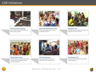 CSR Initiatives




      Blood Donation Camps                       Stationary Donation for Kids     Hospitals visit
      We donate approx 500 bottles of            We provide stationery to under   We help needy patients with financial
      blood every quarter                        privileged children              support for their medicine




      Diwali Celebrations                        Cloth Distribution               Orphanage visit
      We distributed crackers and sweets         We visited Slum Areas and        We visit and celebrate festivals with
      among under privileged people              distributed cloth among them     orphanage kids
      during the festival




39                                         Gateway TechnoLabs Pvt. Ltd.                                    Gateway Technolabs
 