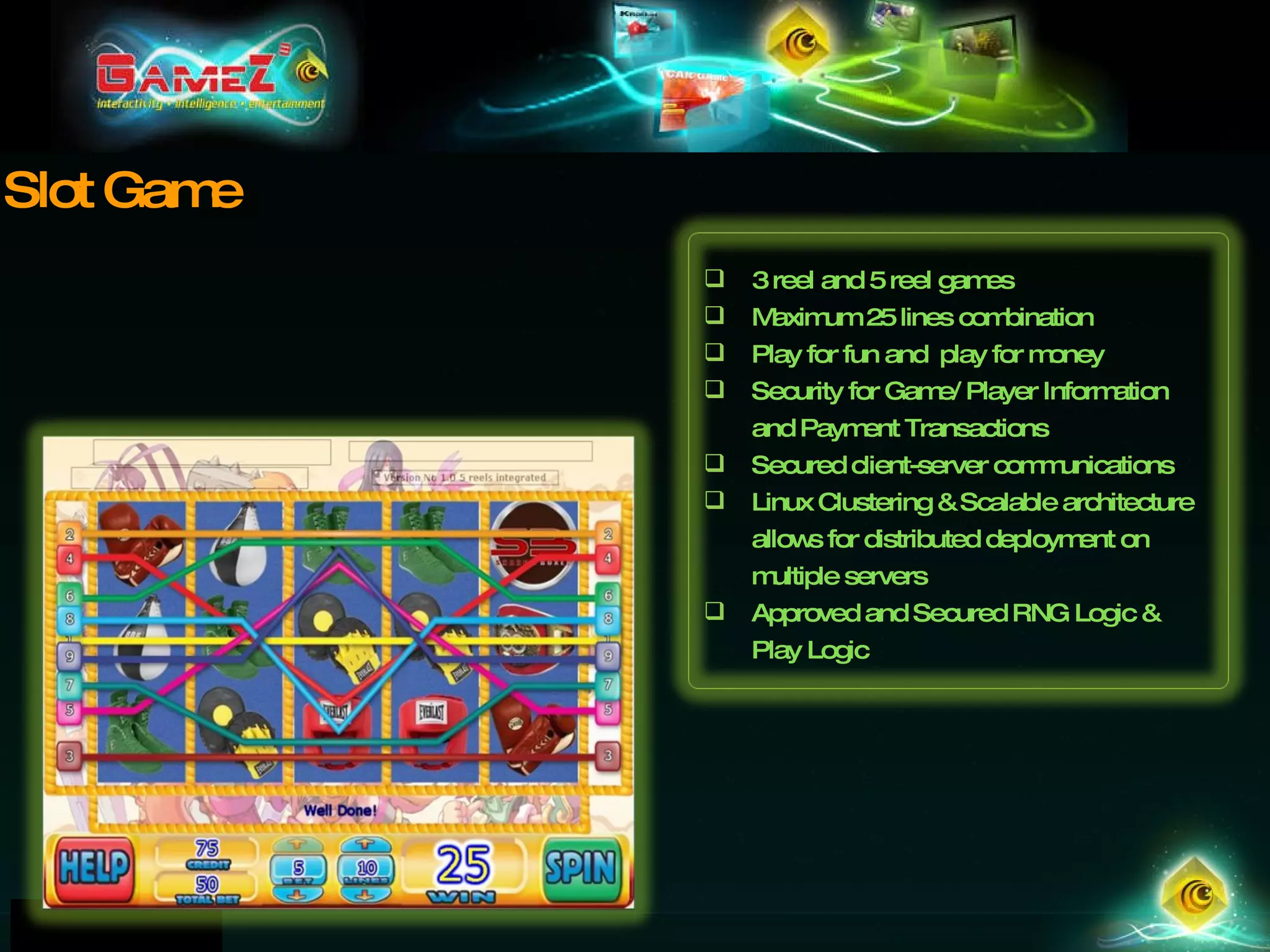 Slot Game 3 reel and 5 reel games Maximum 25 lines combination Play for fun and  play for money Security for Game/ Player Information and Payment Transactions Secured client-server communications Linux Clustering & Scalable architecture allows for distributed deployment on multiple servers Approved and Secured RNG Logic & Play Logic 