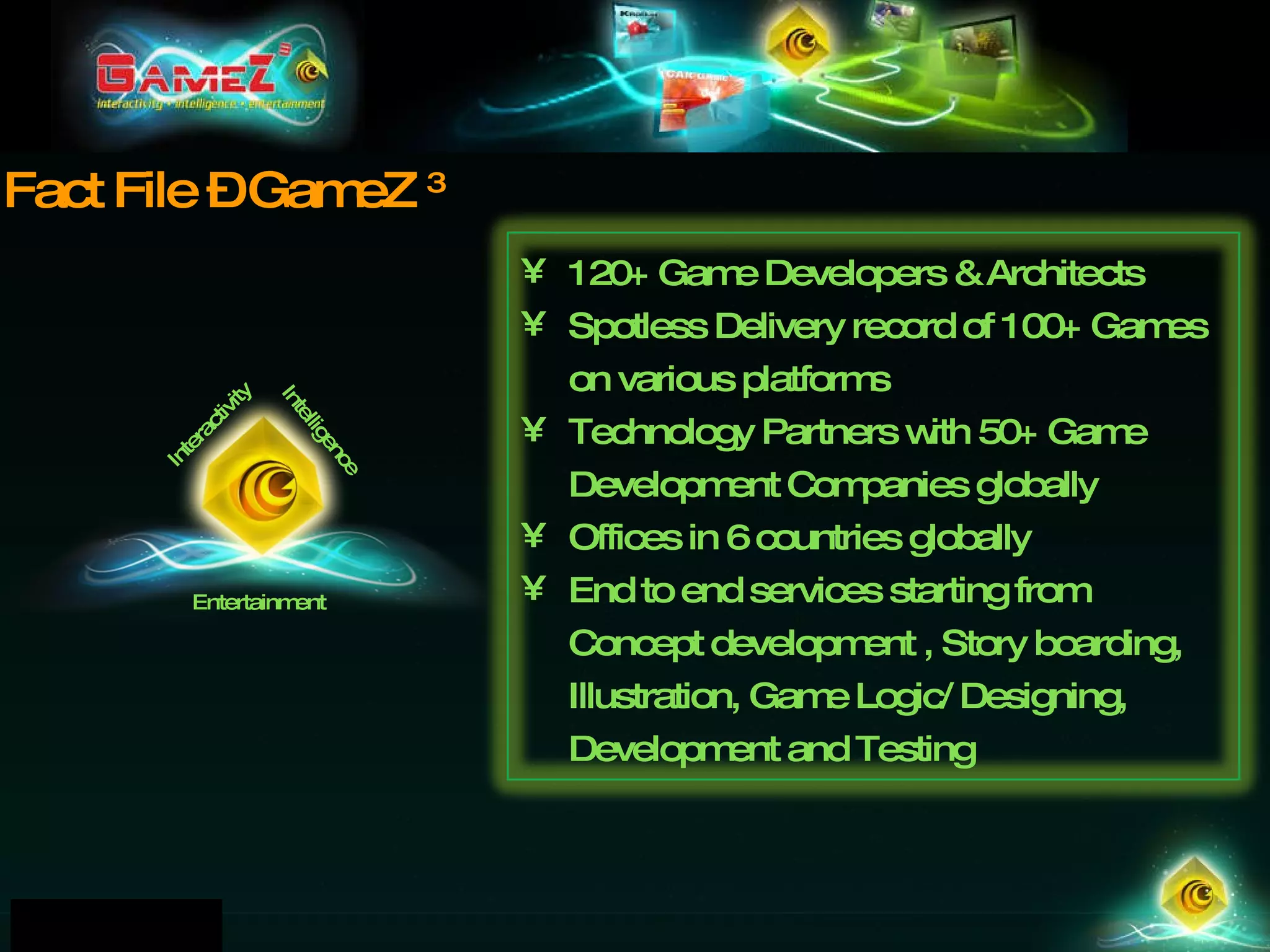 Fact File – GameZ  3 Interactivity Intelligence Entertainment 120+ Game Developers & Architects Spotless Delivery record of 100+ Games on various platforms Technology Partners with 50+ Game Development Companies globally Offices in 6 countries globally End to end services starting from Concept development , Story boarding, Illustration, Game Logic/ Designing, Development and Testing 