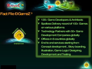 Fact File – GameZ  3 Interactivity Intelligence Entertainment 120+ Game Developers & Architects Spotless Delivery record of 100+ Games on various platforms Technology Partners with 50+ Game Development Companies globally Offices in 6 countries globally End to end services starting from Concept development , Story boarding, Illustration, Game Logic/ Designing, Development and Testing 