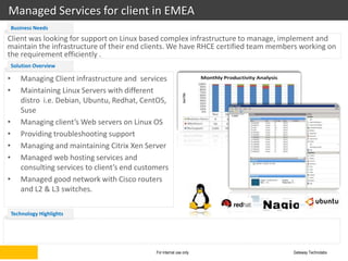 Managed Services for client in EMEA
    Business Needs
Client was looking for support on Linux based complex infrastructure to manage, implement and
maintain the infrastructure of their end clients. We have RHCE certified team members working on
the requirement efficiently .
    Solution Overview

•      Managing Client infrastructure and services
•      Maintaining Linux Servers with different
       distro i.e. Debian, Ubuntu, Redhat, CentOS,
       Suse
•      Managing client’s Web servers on Linux OS
•      Providing troubleshooting support
•      Managing and maintaining Citrix Xen Server
•      Managed web hosting services and
       consulting services to client’s end customers
•      Managed good network with Cisco routers
       and L2 & L3 switches.

    Technology Highlights




                                                For internal use only              Gateway Technolabs
 