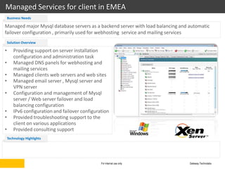 Managed Services for client in EMEA
    Business Needs

Managed major Mysql database servers as a backend server with load balancing and automatic
failover configuration , primarily used for webhosting service and mailing services
    Solution Overview

•      Providing support on server installation
       configuration and administration task
•      Managed DNS panels for webhosting and
       mailing services
•      Managed clients web servers and web sites
•      Managed email server , Mysql server and
       VPN server
•      Configuration and management of Mysql
       server / Web server failover and load
       balancing configuration
•      IPv6 configuration and failover configuration
•      Provided troubleshooting support to the
       client on various applications
•      Provided consulting support
    Technology Highlights




                                                For internal use only            Gateway Technolabs
 