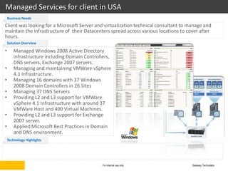 Managed Services for client in USA
    Business Needs

Client was looking for a Microsoft Server and virtualization technical consultant to manage and
maintain the infrastructure of their Datacenters spread across various locations to cover after
hours.
    Solution Overview

•      Managed Windows 2008 Active Directory
       infrastructure including Domain Controllers,
       DNS servers, Exchange 2007 servers.
•      Managing and maintaining VMWare vSphere
       4.1 Infrastructure.
•      Managing 16 domains with 37 Windows
       2008 Domain Controllers in 26 Sites
•      Managing 37 DNS Servers
•      Providing L2 and L3 support for VMWare
       vSphere 4.1 Infrastructure with around 37
       VMWare Host and 400 Virtual Machines.
•      Providing L2 and L3 support for Exchange
       2007 server.
•      Applied Microsoft Best Practices in Domain
       and DNS environment.
    Technology Highlights




                                               For internal use only                  Gateway Technolabs
 