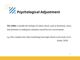 10
Psychological Adjustment
(Jandt, 2018)
The ability to handle the feelings of culture shock, such as frustration, stress,
and alienation in ambiguous situations caused by new environments.
e.g. How students feel when transfering from high school to university level.
 
