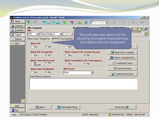 Pay entry can also be accomplished at the individual employee level.  Color-coded data advises the user of scheduled activity controlled by the user, or set per-payroll activity.