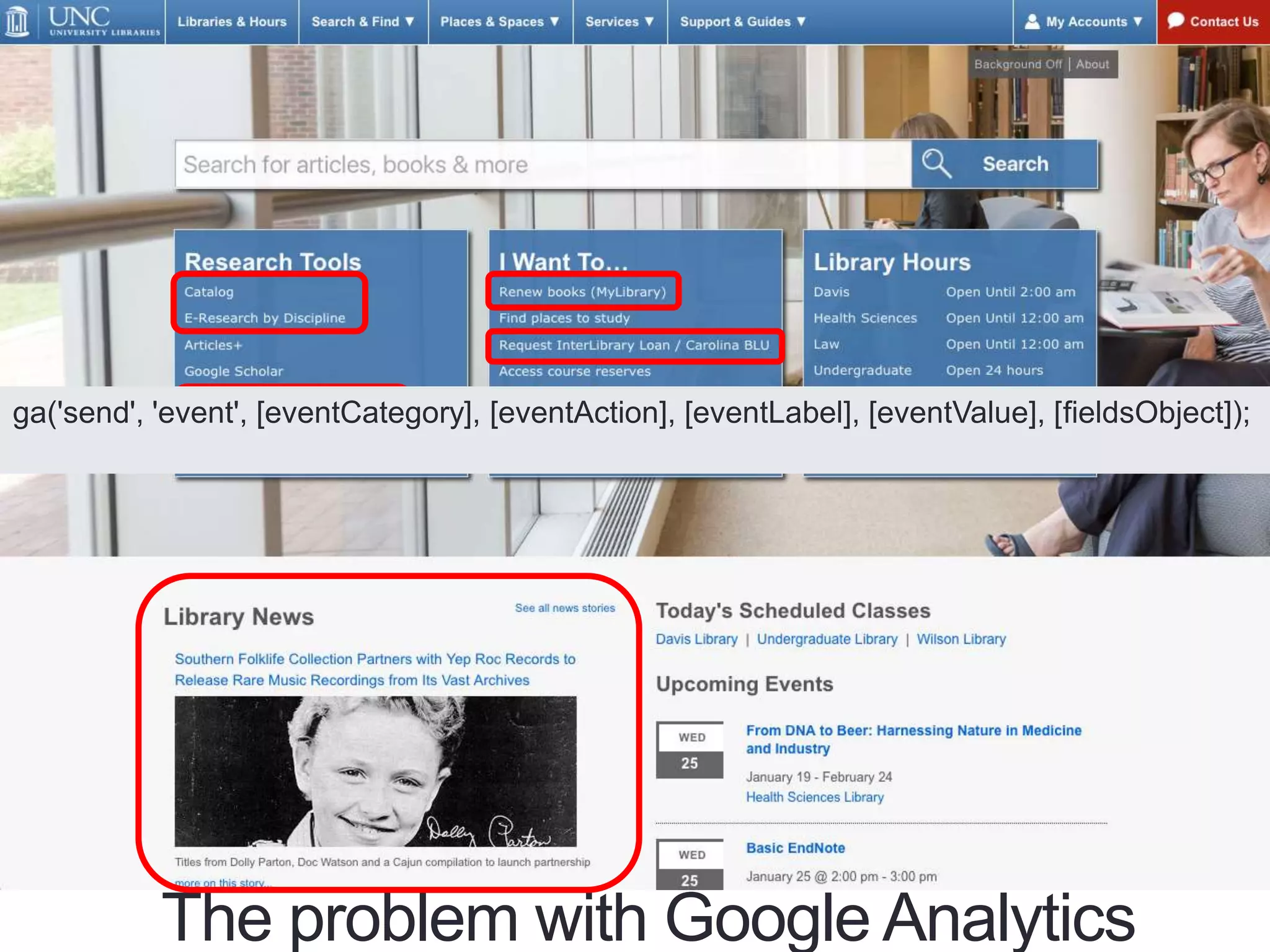 The problem with Google Analytics
ga('send', 'event', [eventCategory], [eventAction], [eventLabel], [eventValue], [fieldsObject]);
 