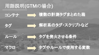 用語説明(GTMの場合)
タグ
ルール
マクロ
解析系のタグ・スクリプトなど
タグを発火させる条件
タグやルールで使用する変数
コンテナ 複数の計測タグまとめた箱
 