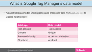 What is Google Tag Manager’s data model 
 An abstract data model, which passes and processes data from dataLayer to 
Google Tag Manager 
dataLayer Data model 
Tool-agnostic Tool-specific 
Generic Unique 
Accessed directly Accessed via helper 
Structured Abstract 
@SimoAhava | MeasureCamp V 
 