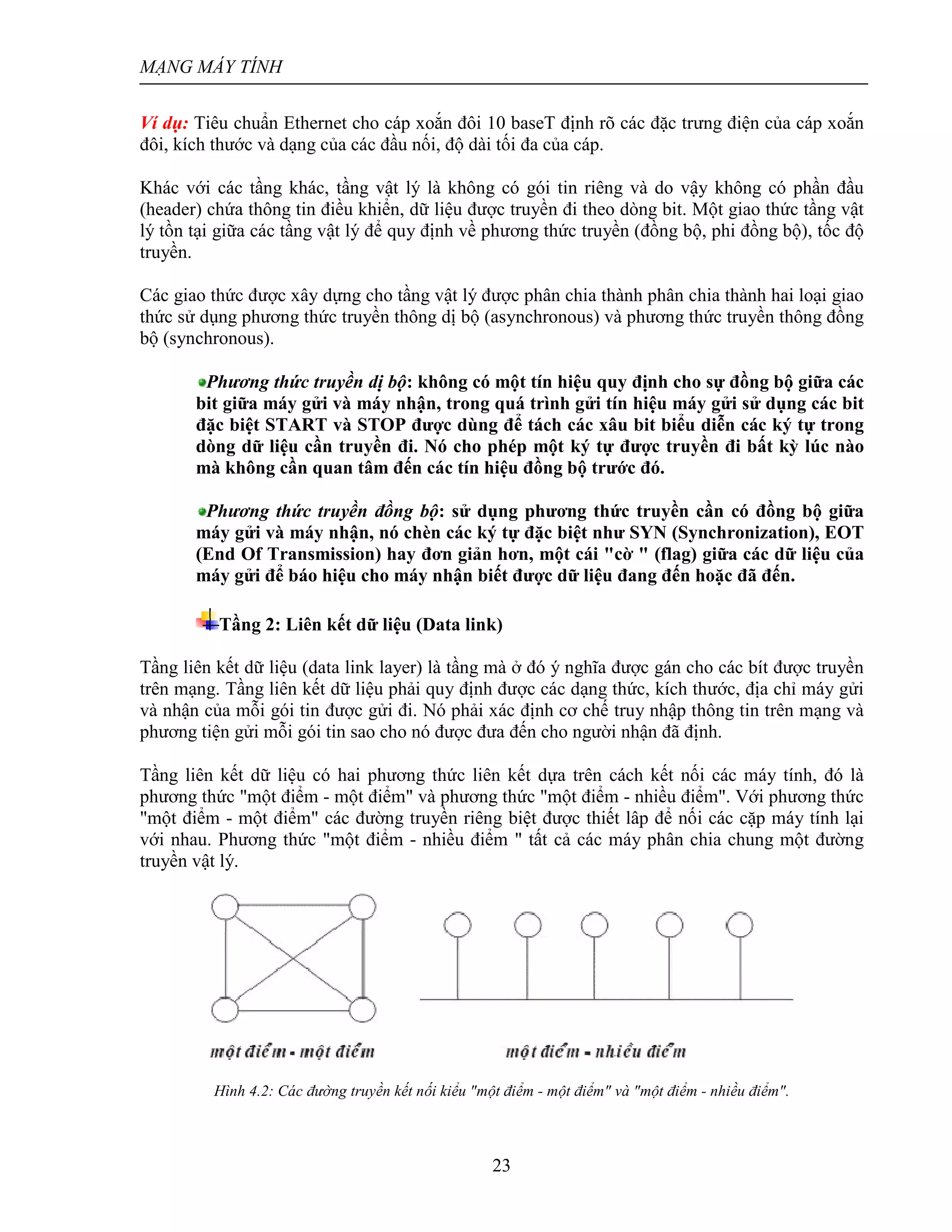 MẠNG MÁY TÍNH
23
Ví dụ: Tiêu chuẩn Ethernet cho cáp xoắn đôi 10 baseT định rõ các đặc trưng điện của cáp xoắn
đôi, kích thước và dạng của các đầu nối, độ dài tối đa của cáp.
Khác với các tầng khác, tầng vật lý là không có gói tin riêng và do vậy không có phần đầu
(header) chứa thông tin điều khiển, dữ liệu được truyền đi theo dòng bit. Một giao thức tầng vật
lý tồn tại giữa các tầng vật lý để quy định về phương thức truyền (đồng bộ, phi đồng bộ), tốc độ
truyền.
Các giao thức được xây dựng cho tầng vật lý được phân chia thành phân chia thành hai loại giao
thức sử dụng phương thức truyền thông dị bộ (asynchronous) và phương thức truyền thông đồng
bộ (synchronous).
Phương thức truyền dị bộ: không có một tín hiệu quy định cho sự đồng bộ giữa các
bit giữa máy gửi và máy nhận, trong quá trình gửi tín hiệu máy gửi sử dụng các bit
đặc biệt START và STOP được dùng để tách các xâu bit biểu diễn các ký tự trong
dòng dữ liệu cần truyền đi. Nó cho phép một ký tự được truyền đi bất kỳ lúc nào
mà không cần quan tâm đến các tín hiệu đồng bộ trước đó.
Phương thức truyền đồng bộ: sử dụng phương thức truyền cần có đồng bộ giữa
máy gửi và máy nhận, nó chèn các ký tự đặc biệt như SYN (Synchronization), EOT
(End Of Transmission) hay đơn giản hơn, một cái "cờ " (flag) giữa các dữ liệu của
máy gửi để báo hiệu cho máy nhận biết được dữ liệu đang đến hoặc đã đến.
Tầng 2: Liên kết dữ liệu (Data link)
Tầng liên kết dữ liệu (data link layer) là tầng mà ở đó ý nghĩa được gán cho các bít được truyền
trên mạng. Tầng liên kết dữ liệu phải quy định được các dạng thức, kích thước, địa chỉ máy gửi
và nhận của mỗi gói tin được gửi đi. Nó phải xác định cơ chế truy nhập thông tin trên mạng và
phương tiện gửi mỗi gói tin sao cho nó được đưa đến cho người nhận đã định.
Tầng liên kết dữ liệu có hai phương thức liên kết dựa trên cách kết nối các máy tính, đó là
phương thức "một điểm - một điểm" và phương thức "một điểm - nhiều điểm". Với phương thức
"một điểm - một điểm" các đường truyền riêng biệt được thiết lâp để nối các cặp máy tính lại
với nhau. Phương thức "một điểm - nhiều điểm " tất cả các máy phân chia chung một đường
truyền vật lý.
Hình 4.2: Các đường truyền kết nối kiểu "một điểm - một điểm" và "một điểm - nhiều điểm".
 