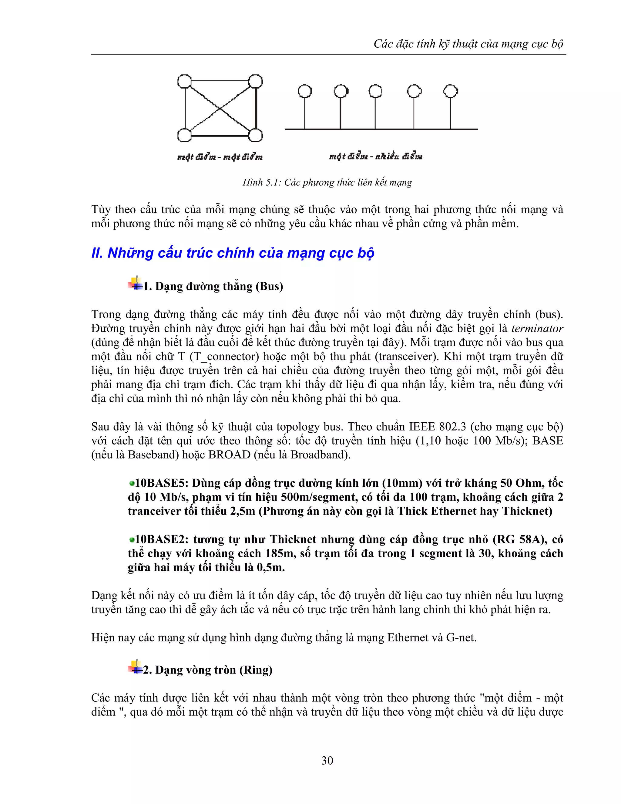 Các đặc tính kỹ thuật của mạng cục bộ
30
Hình 5.1: Các phương thức liên kết mạng
Tùy theo cấu trúc của mỗi mạng chúng sẽ thuộc vào một trong hai phương thức nối mạng và
mỗi phương thức nối mạng sẽ có những yêu cầu khác nhau về phần cứng và phần mềm.
II. Những cấu trúc chính của mạng cục bộ
1. Dạng đường thẳng (Bus)
Trong dạng đường thẳng các máy tính đều được nối vào một đường dây truyền chính (bus).
Đường truyền chính này được giới hạn hai đầu bởi một loại đầu nối đặc biệt gọi là terminator
(dùng để nhận biết là đầu cuối để kết thúc đường truyền tại đây). Mỗi trạm được nối vào bus qua
một đầu nối chữ T (T_connector) hoặc một bộ thu phát (transceiver). Khi một trạm truyền dữ
liệu, tín hiệu được truyền trên cả hai chiều của đường truyền theo từng gói một, mỗi gói đều
phải mang địa chỉ trạm đích. Các trạm khi thấy dữ liệu đi qua nhận lấy, kiểm tra, nếu đúng với
địa chỉ của mình thì nó nhận lấy còn nếu không phải thì bỏ qua.
Sau đây là vài thông số kỹ thuật của topology bus. Theo chuẩn IEEE 802.3 (cho mạng cục bộ)
với cách đặt tên qui ước theo thông số: tốc độ truyền tính hiệu (1,10 hoặc 100 Mb/s); BASE
(nếu là Baseband) hoặc BROAD (nếu là Broadband).
10BASE5: Dùng cáp đồng trục đường kính lớn (10mm) với trở kháng 50 Ohm, tốc
độ 10 Mb/s, phạm vi tín hiệu 500m/segment, có tối đa 100 trạm, khoảng cách giữa 2
tranceiver tối thiểu 2,5m (Phương án này còn gọi là Thick Ethernet hay Thicknet)
10BASE2: tương tự như Thicknet nhưng dùng cáp đồng trục nhỏ (RG 58A), có
thể chạy với khoảng cách 185m, số trạm tối đa trong 1 segment là 30, khoảng cách
giữa hai máy tối thiểu là 0,5m.
Dạng kết nối này có ưu điểm là ít tốn dây cáp, tốc độ truyền dữ liệu cao tuy nhiên nếu lưu lượng
truyền tăng cao thì dễ gây ách tắc và nếu có trục trặc trên hành lang chính thì khó phát hiện ra.
Hiện nay các mạng sử dụng hình dạng đường thẳng là mạng Ethernet và G-net.
2. Dạng vòng tròn (Ring)
Các máy tính được liên kết với nhau thành một vòng tròn theo phương thức "một điểm - một
điểm ", qua đó mỗi một trạm có thể nhận và truyền dữ liệu theo vòng một chiều và dữ liệu được
 