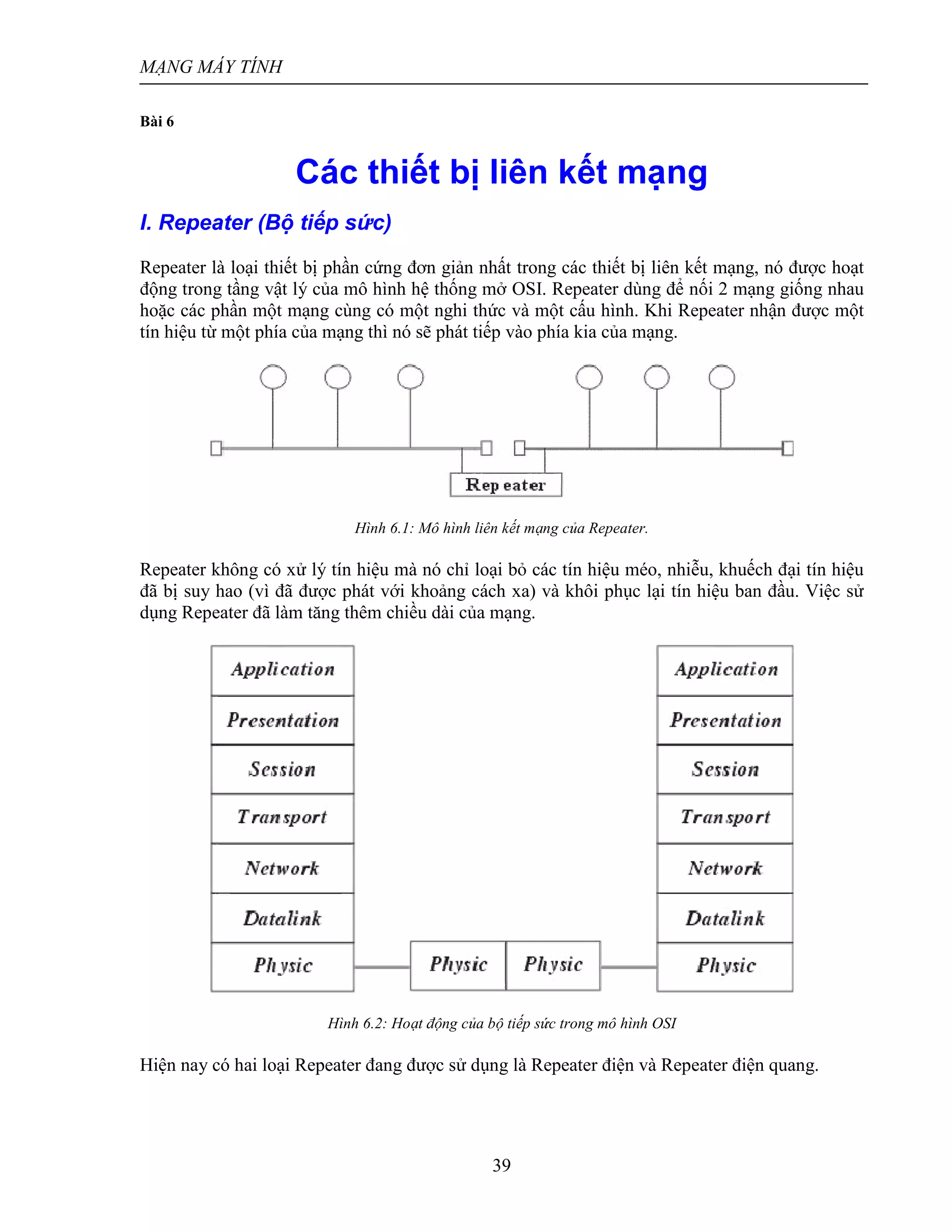 MẠNG MÁY TÍNH
39
Bài 6
Các thiết bị liên kết mạng
I. Repeater (Bộ tiếp sức)
Repeater là loại thiết bị phần cứng đơn giản nhất trong các thiết bị liên kết mạng, nó được hoạt
động trong tầng vật lý của mô hình hệ thống mở OSI. Repeater dùng để nối 2 mạng giống nhau
hoặc các phần một mạng cùng có một nghi thức và một cấu hình. Khi Repeater nhận được một
tín hiệu từ một phía của mạng thì nó sẽ phát tiếp vào phía kia của mạng.
Hình 6.1: Mô hình liên kết mạng của Repeater.
Repeater không có xử lý tín hiệu mà nó chỉ loại bỏ các tín hiệu méo, nhiễu, khuếch đại tín hiệu
đã bị suy hao (vì đã được phát với khoảng cách xa) và khôi phục lại tín hiệu ban đầu. Việc sử
dụng Repeater đã làm tăng thêm chiều dài của mạng.
Hình 6.2: Hoạt động của bộ tiếp sức trong mô hình OSI
Hiện nay có hai loại Repeater đang được sử dụng là Repeater điện và Repeater điện quang.
 