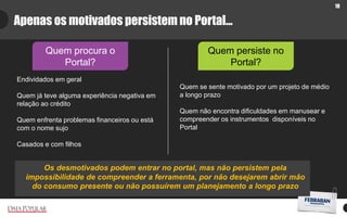 18
Apenas os motivados persistem no Portal...
Endividados em geral
Quem já teve alguma experiência negativa em
relação ao crédito
Quem enfrenta problemas financeiros ou está
com o nome sujo
Casados e com filhos
Quem se sente motivado por um projeto de médio
a longo prazo
Quem não encontra dificuldades em manusear e
compreender os instrumentos disponíveis no
Portal
Quem procura o
Portal?
Quem persiste no
Portal?
Os desmotivados podem entrar no portal, mas não persistem pela
impossibilidade de compreender a ferramenta, por não desejarem abrir mão
do consumo presente ou não possuírem um planejamento a longo prazo
 