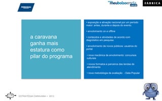 ESTRATÉGIA CARAVANA > 2013
• exposição e ativação nacional por um período
maior: antes, durante e depois do evento.
• envolvimento on e offline
• conteúdos e atividades de acordo com
diagnóstico em pesquisa
• envolvimento de novos públicos: usuários do
portal
a caravana
ganha mais
estatura como
pilar do programa • nova mecânica de envolvimento: concursos
culturais
• novos formatos e parceiros das tendas de
atendimento
• nova metodologia de avaliação - Data Popular
 
