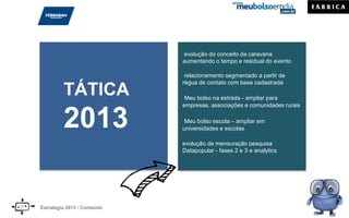 evolução do conceito da caravana
aumentando o tempo e residual do evento
relacionamento segmentado a partir de
régua de contato com base cadastrada
Meu bolso na estrada - ampliar para
empresas, associações e comunidades rurais
Meu bolso escola – ampliar em
universidades e escolas
evolução de mensuração pesquisa
Datapopular - fases 2 e 3 e analytics
Estratégia 2013 - Conteúdo
TÁTICA
2013
 