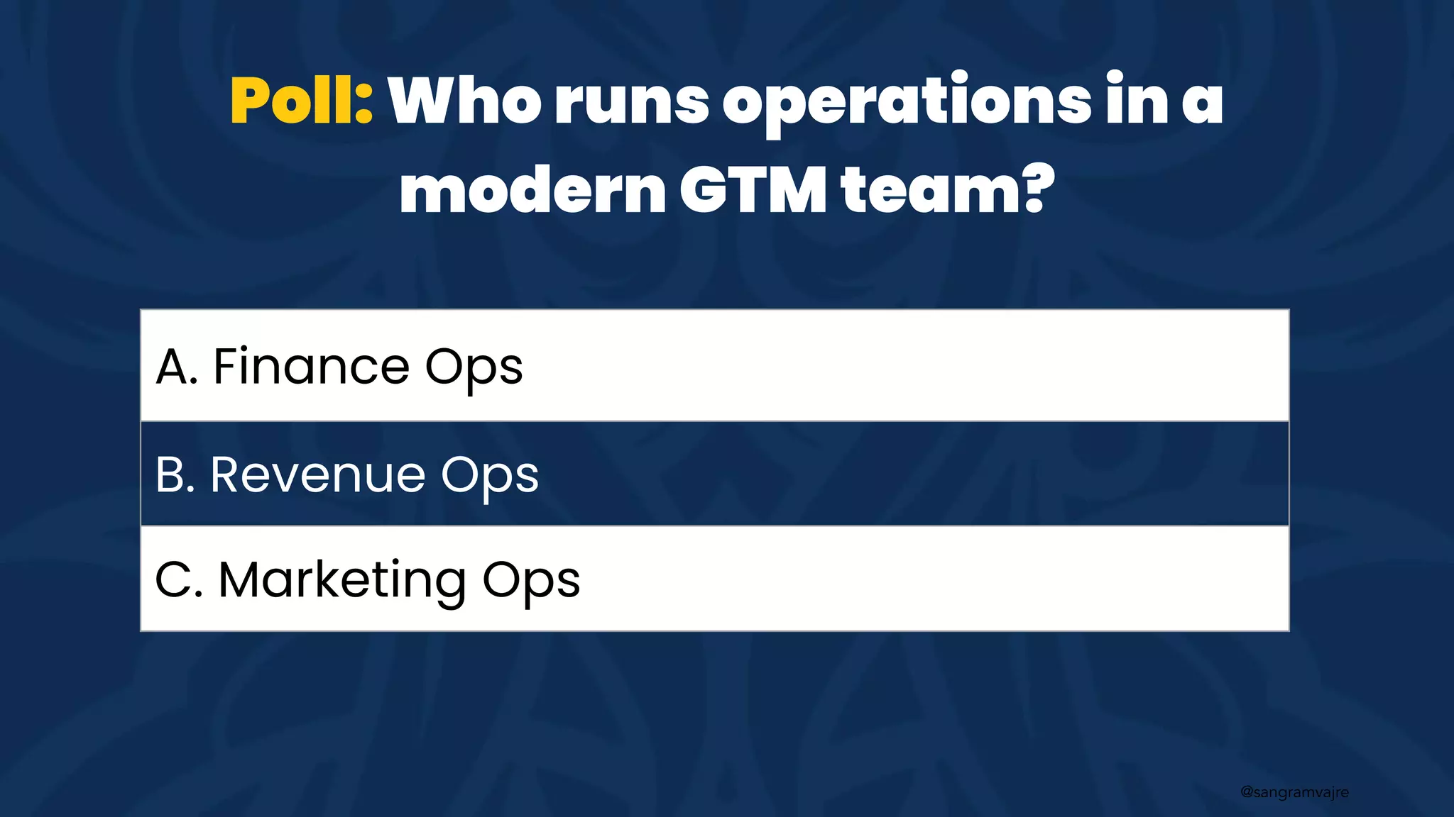 @sangramvajre
Poll: Who runs operations in a
modern GTM team?
A. Finance Ops
B. Revenue Ops
C. Marketing Ops
 