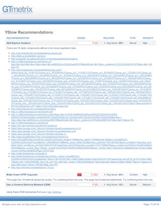 YSlow Recommendations 
RECOMMENDATION GRADE RELATIVE TYPE PRIORITY 
Add Expires headers F (0) Avg Score: 28% Server High 
There are 18 static components without a far-future expiration date. 
2 
8 
% 
http://ads.lintasberita.com/www/delivery/spcjs.php 
http://stats.g.doubleclick.net/dc.js 
http://pagead2.googlesyndication.com/pagead/js/adsbygoogle.js 
http://c.effectivemeasure.net/v4/em_js? 
flag=0&v=&vt=&hl=&sv=0&pv=&pn=&p=aHR0cDovL3d3dy5saW50YXMubWUv&r=&f=1&ns=_em&rnd=0.23230329435318708&u=&sf=1&t 
zos=7& 
http://ads.lintasberita.com/www/delivery/spc.php? 
zones=zone_lb_1%3D1%7Czone_sc1_34%3D34%7Czone_sc1_11%3D11%7Czone_sc1_6%3D6%7Czone_sc1_13%3D13%7Czone_sc 
1_44%3D44%7Czone_sc1_9%3D9%7Czone_sc1_4%3D4%7Czone_sc1_38%3D38%7Czone_sc1_36%3D36%7Czone_sc1_48%3D48% 
7Czone_sc1_96%3D96%7Czone_sc1_94%3D94%7Czone_sc1_42%3D42%7Czone_sc1_2%3D2%7Czone_sc1_106%3D106%7Czone_ 
sc1_91%3D91%7Czone_sc2_35%3D35%7Czone_sc2_12%3D12%7Czone_sc2_7%3D7%7Czone_sc2_14%3D14%7Czone_sc2_45%3 
D45%7Czone_sc2_10%3D10%7Czone_sc2_5%3D5%7Czone_sc2_39%3D39%7Czone_sc2_37%3D37%7Czone_sc2_49%3D49%7Czo 
ne_sc2_97%3D97%7Czone_sc2_95%3D95%7Czone_sc2_43%3D43%7Czone_sc2_3%3D3%7Czone_sc3_69%3D69%7Czone_sc3_68 
%3D68%7Czone_dds_79%3D79%7Czone_ddb_80%3D80%7Czone_ml_93%3D93%7Czone_mr_105%3D105%7Czone_mr_101%3D10 
1%7Czone_ba_27%3D27%7Czone_ba_31%3D31%7Czone_iab_107%3D107%7Czone_iab_108%3D108%7Czone_iab_109%3D109%7 
Czone_iab_110%3D110%7Czone_iab_111%3D111%7Czone_iab_112%3D112%7Czone_iab_113%3D113%7Czone_iab_114%3D114% 
7Czone_iab_115%3D115%7Czone_iab_116%3D116%7Czone_iab_117%3D117%7Czone_iab_118%3D118%7Czone_ad_90%3D90%7 
Czone_ad_120%3D120%7Czone_ad_121%3D121%7Czone_pop_122%3D122%7Czone_pop_123%3D123%7Czone_pop_124%3D124 
%7Czone_pop_125%3D125%7Czone_pop_126%3D126%7Czone_ad_132%3D132%7Czone_ad_134%3D134%7C&nz=1&source=&r=4 
8610233&charset=UTF-8&loc=http%3A//www.lintas.me/ 
http://ads.lintasberita.com/www/delivery/fl.js 
http://c.effectivemeasure.net/v4/em4.swf 
http://c.effectivemeasure.net/v4/em_dimg?flag=2&v=3c7fc8160fffdd263df3eac584d2532b24d4315956- 
69984572532b24d4&vt=e4962fdb3fb13cb9f2a02661dc14532b24d43158c6-04425991532b24d4&hl=&sv=- 
1&pv=&pn=&p=aHR0cDovL3d3dy5saW50YXMubWUv&r=&f=1&ns=_em&rnd=0.9762863388750702&u=&sf=1&tzos=7& 
http://c.effectivemeasure.net/img.gif 
https://d31qbv1cthcecs.cloudfront.net/atrk.js 
https://plus.google.com/_/favicon?domain=goodhousekeeping.co.id 
https://plus.google.com/_/favicon?domain=id.gamesinasia.com 
https://plus.google.com/_/favicon?domain=shnews.co 
http://www.googleadservices.com/pagead/conversion.js 
https://d5nxst8fruw4z.cloudfront.net/atrk.gif?frame_height=798&frame_width=1039&iframe=0&title=LintasMe%20- 
%20We%20Are%20Young&time=1395336405148&time_zone_offset=420&screen_params=1047x879x24&java_enabled=1&cookie_ena 
bled=1&ref_url=&host_url=http%3A%2F%2Fwww.lintas.me%2F&random_number=7031358987&sess_cookie=bc37832d144e087e09b9c 
293549&sess_cookie_flag=1&user_cookie=bc37832d144e087e09b9c293549&user_cookie_flag=1&dynamic=false&domain=lintas.me&a 
ccount=rDvKe1a8w800aP&jsv=20121002 
http://piwik.lintasberita.com/piwik.js 
http://piwik.lintasberita.com/piwik.php?action_name=LintasMe%20- 
%20We%20Are%20Young&idsite=1&rec=1&r=937601&h=10&m=26&s=46&url=http%3A%2F%2Fwww.lintas.me%2F&_id=01815ea189fd 
16be&_idts=1395336406&_idvc=1&_idn=1&_refts=0&_viewts=1395336406&pdf=1&qt=0&realp=0&wma=0&dir=0&fla=1&java=1&gears=0 
&ag=0&cookie=1&res=1047x879&gt_ms=761 
http://api.nativads.co/assets/js/ca-1.0.0.js 
Make fewer HTTP requests F (20) Avg Score: 43% Content High 
This page has 19 external Javascript scripts. Try combining them into one. This page has 6 external stylesheets. Try combining them into one. 
Use a Content Delivery Network (CDN) F (0) Avg Score: 12% Server Medium 
4 
3 
% 
1 
2 
% 
Using these CDN hostnames from your User Settings: 
Analyze your site at http://gtmetrix.com Page 11 of 15 
 