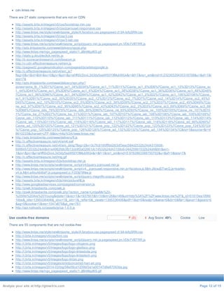 4 
9 
% 
cdn.lintas.me 
There are 27 static components that are not on CDN. 
http://assets.brta.in/images/v5/css/bootstrap.min.css 
http://assets.brta.in/images/v5/css/jcarousel.responsive.css 
http://www.lintas.me/style/newlintasme_style/A.facebox.css.pagespeed.cf.9A-lofqSRN.css 
http://assets.brta.in/images/v5/css/3.css 
http://assets.brta.in/images/v5/css/3-tab.css 
http://www.lintas.me/scripts/newlintasme_script/jquery.min.js.pagespeed.jm.VDIv7VBTRR.js 
http://ads.lintasberita.com/www/delivery/spcjs.php 
http://www.lintas.me/ngx_pagespeed_static/1.JiBnMqyl6S.gif 
http://stats.g.doubleclick.net/dc.js 
http://b.scorecardresearch.com/beacon.js 
http://c-cdn.effectivemeasure.net/em.js 
http://pagead2.googlesyndication.com/pagead/js/adsbygoogle.js 
http://c.effectivemeasure.net/v4/em_js? 
flag=0&v=&vt=&hl=&sv=0&pv=&pn=&p=aHR0cDovL3d3dy5saW50YXMubWUv&r=&f=1&ns=_em&rnd=0.23230329435318708&u=&sf=1&t 
zos=7& 
http://ads.lintasberita.com/www/delivery/spc.php? 
zones=zone_lb_1%3D1%7Czone_sc1_34%3D34%7Czone_sc1_11%3D11%7Czone_sc1_6%3D6%7Czone_sc1_13%3D13%7Czone_sc 
1_44%3D44%7Czone_sc1_9%3D9%7Czone_sc1_4%3D4%7Czone_sc1_38%3D38%7Czone_sc1_36%3D36%7Czone_sc1_48%3D48% 
7Czone_sc1_96%3D96%7Czone_sc1_94%3D94%7Czone_sc1_42%3D42%7Czone_sc1_2%3D2%7Czone_sc1_106%3D106%7Czone_ 
sc1_91%3D91%7Czone_sc2_35%3D35%7Czone_sc2_12%3D12%7Czone_sc2_7%3D7%7Czone_sc2_14%3D14%7Czone_sc2_45%3 
D45%7Czone_sc2_10%3D10%7Czone_sc2_5%3D5%7Czone_sc2_39%3D39%7Czone_sc2_37%3D37%7Czone_sc2_49%3D49%7Czo 
ne_sc2_97%3D97%7Czone_sc2_95%3D95%7Czone_sc2_43%3D43%7Czone_sc2_3%3D3%7Czone_sc3_69%3D69%7Czone_sc3_68 
%3D68%7Czone_dds_79%3D79%7Czone_ddb_80%3D80%7Czone_ml_93%3D93%7Czone_mr_105%3D105%7Czone_mr_101%3D10 
1%7Czone_ba_27%3D27%7Czone_ba_31%3D31%7Czone_iab_107%3D107%7Czone_iab_108%3D108%7Czone_iab_109%3D109%7 
Czone_iab_110%3D110%7Czone_iab_111%3D111%7Czone_iab_112%3D112%7Czone_iab_113%3D113%7Czone_iab_114%3D114% 
7Czone_iab_115%3D115%7Czone_iab_116%3D116%7Czone_iab_117%3D117%7Czone_iab_118%3D118%7Czone_ad_90%3D90%7 
Czone_ad_120%3D120%7Czone_ad_121%3D121%7Czone_pop_122%3D122%7Czone_pop_123%3D123%7Czone_pop_124%3D124 
%7Czone_pop_125%3D125%7Czone_pop_126%3D126%7Czone_ad_132%3D132%7Czone_ad_134%3D134%7C&nz=1&source=&r=4 
8610233&charset=UTF-8&loc=http%3A//www.lintas.me/ 
http://ads.lintasberita.com/www/delivery/fl.js 
http://c.effectivemeasure.net/v4/em4.swf 
http://c.effectivemeasure.net/v4/em_dimg?flag=2&v=3c7fc8160fffdd263df3eac584d2532b24d4315956- 
69984572532b24d4&vt=e4962fdb3fb13cb9f2a02661dc14532b24d43158c6-04425991532b24d4&hl=&sv=- 
1&pv=&pn=&p=aHR0cDovL3d3dy5saW50YXMubWUv&r=&f=1&ns=_em&rnd=0.9762863388750702&u=&sf=1&tzos=7& 
http://c.effectivemeasure.net/img.gif 
http://assets.brta.in/images/v5/js/bootstrap.min.js 
http://www.lintas.me/scripts/newlintasme_script/v4/jquery.jcarousel.min.js 
http://www.lintas.me/scripts/newlintasme_script/v4,_jcarousel.responsive.min.js+facebox.js,Mjm.JXcwJDTwcQ.js+loader-v4. 
js,Mjm.a4kuAbt8aP.js.pagespeed.jc.FDDIj79Niw.js 
http://www.lintas.me/scripts/newlintasme_script/jquery.magnific-popup.min.js 
http://assets.brta.in/images/v5/js/min/picturefill.js 
http://www.googleadservices.com/pagead/conversion.js 
http://piwik.lintasberita.com/piwik.js 
http://piwik.lintasberita.com/piwik.php?action_name=LintasMe%20- 
%20We%20Are%20Young&idsite=1&rec=1&r=937601&h=10&m=26&s=46&url=http%3A%2F%2Fwww.lintas.me%2F&_id=01815ea189fd 
16be&_idts=1395336406&_idvc=1&_idn=1&_refts=0&_viewts=1395336406&pdf=1&qt=0&realp=0&wma=0&dir=0&fla=1&java=1&gears=0 
&ag=0&cookie=1&res=1047x879&gt_ms=761 
http://api.nativads.co/assets/js/ca-1.0.0.js 
Use cookie-free domains F (0) Avg Score: 49% Cookie Low 
There are 55 components that are not cookie-free 
http://www.lintas.me/style/newlintasme_style/A.facebox.css.pagespeed.cf.9A-lofqSRN.css 
http://i.brta.in/images/v5/css/font.css 
http://www.lintas.me/scripts/newlintasme_script/jquery.min.js.pagespeed.jm.VDIv7VBTRR.js 
http://i.brta.in/images/v5/images/logo/logo-otogenic.png 
http://i.brta.in/images/v5/images/logo/logo-gladisco.png 
http://i.brta.in/images/v5/images/logo/logo-lintasbola.png 
http://i.brta.in/images/v5/images/logo/logo-lintastech.png 
http://i.brta.in/images/v5/images/logo-lintas.png 
http://i.brta.in/images/v5/images/emoticon/emot-hari-air.png 
http://i.brta.in/images/2014-03/big/58e09cd1209bf3a1a00147d8e87093da.jpg 
http://www.lintas.me/ngx_pagespeed_static/1.JiBnMqyl6S.gif 
Analyze your site at http://gtmetrix.com Page 12 of 15 
 