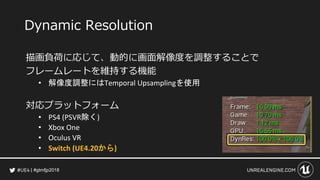 #gtmfjp2018
Dynamic Resolution
描画負荷に応じて、動的に画面解像度を調整することで
フレームレートを維持する機能
• 解像度調整にはTemporal Upsamplingを使用
対応プラットフォーム
• PS4 (PSVR除く)
• Xbox One
• Oculus VR
• Switch (UE4.20から)
 