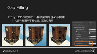 #gtmfjp2018
Gap Filling
Proxy LOD作成時に不要な空間を埋める機能
• 内部の描画が不要な遠い建物に有用
 