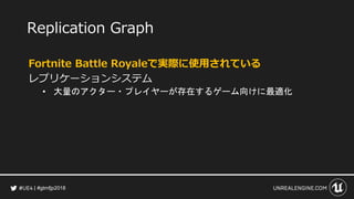 #gtmfjp2018
Replication Graph
Fortnite Battle Royaleで実際に使用されている
レプリケーションシステム
• 大量のアクター・プレイヤーが存在するゲーム向けに最適化
 