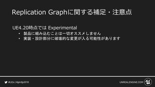 #gtmfjp2018
Replication Graphに関する補足・注意点
UE4.20時点では Experimental
• 製品に組み込むことは一切オススメしません
• 実装・設計部分に破壊的な変更が入る可能性があります
 