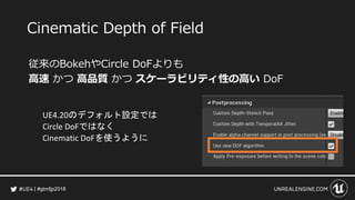 #gtmfjp2018
Cinematic Depth of Field
従来のBokehやCircle DoFよりも
高速 かつ 高品質 かつ スケーラビリティ性の高い DoF
UE4.20のデフォルト設定では
Circle DoFではなく
Cinematic DoFを使うように
 