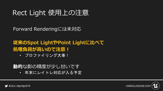 #gtmfjp2018
Rect Light 使用上の注意
Forward Renderingには未対応
従来のSpot LightやPoint Lightに比べて
処理負荷が高いので注意！
• プロファイリング大事！
動的な影の精度が少し甘いです
• 年末にレイトレ対応が入る予定
 