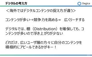 デジタルの考え方
＜海外ではデジタルコンテンツの捉え方が違う＞
コンテンツが多い→競争力を高める＝ 広くリーチする
デジタルでは、棚（Distribution）を確保しても、コ
ンテンツが多いので浮き上がりが少ない
どれだけ、広いユーザ層の方々に自分のコンテンツを
積極的にアピールできるかがキー！
 
