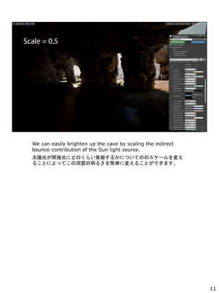 We can easily brighten up the cave by scaling the indirect
bounce contribution of the Sun light source.
̫ꖹ⤬gӹˤɤΤ餤ؕפ뤫ˤĤƤΤΥ`䤨
뤳ȤˤäƤζߤ뤵򺆅gˉ䤨뤳ȤǤޤ
11
 