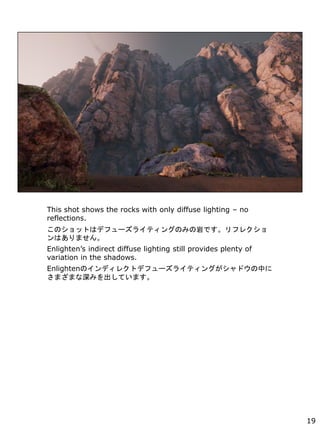 This shot shows the rocks with only diffuse lighting C no
reflections.
ΥåȤϥǥե`饤ƥ󥰤ΤߤҤǤե쥯
Ϥޤ
Enlightens indirect diffuse lighting still provides plenty of
variation in the shadows.
EnlightenΥǥ쥯ȥǥե`饤ƥ󥰤ɥФ
ޤޤߤƤޤ
19
 