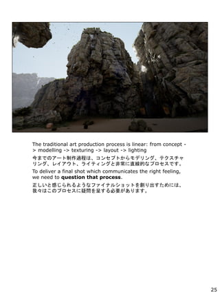 The traditional art production process is linear: from concept -
> modelling -> texturing -> layout -> lighting
ޤǤΥ`^̤ϡ󥻥ץȤǥ󥰡ƥ
󥰡쥤ȡ饤ƥ󥰤ȷǳֱĤʥץǤ
To deliver a final shot which communicates the right feeling,
we need to question that process.
ȸФ褦ʥեʥ륷åȤ򄓤ˤϡ
ҡϤΥץɆʤҪޤ
25
 
